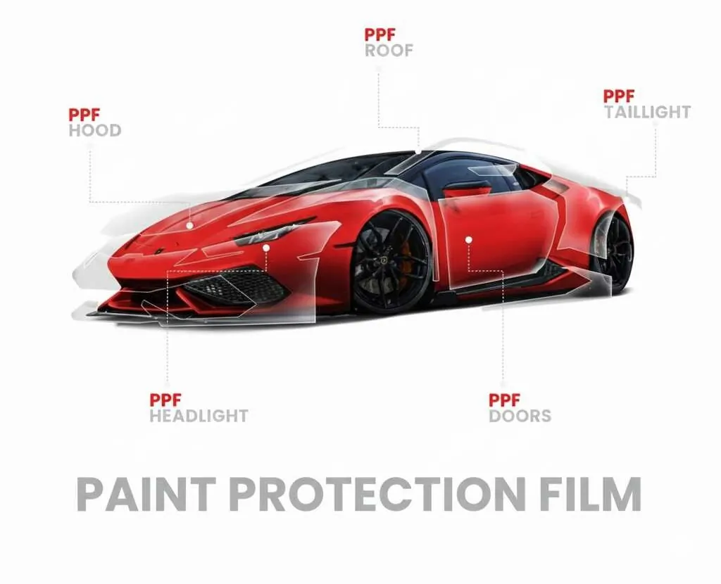 Paint protection film (PPF) coverage diagram on a red supercar showing hood, roof, doors, headlights, and taillights.