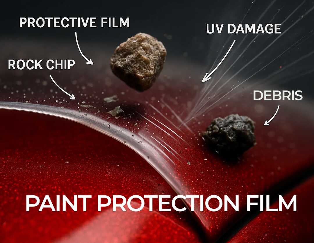 Close-up illustration of paint protection film (PPF) shielding red car paint from rock chips, road debris, and UV damage.