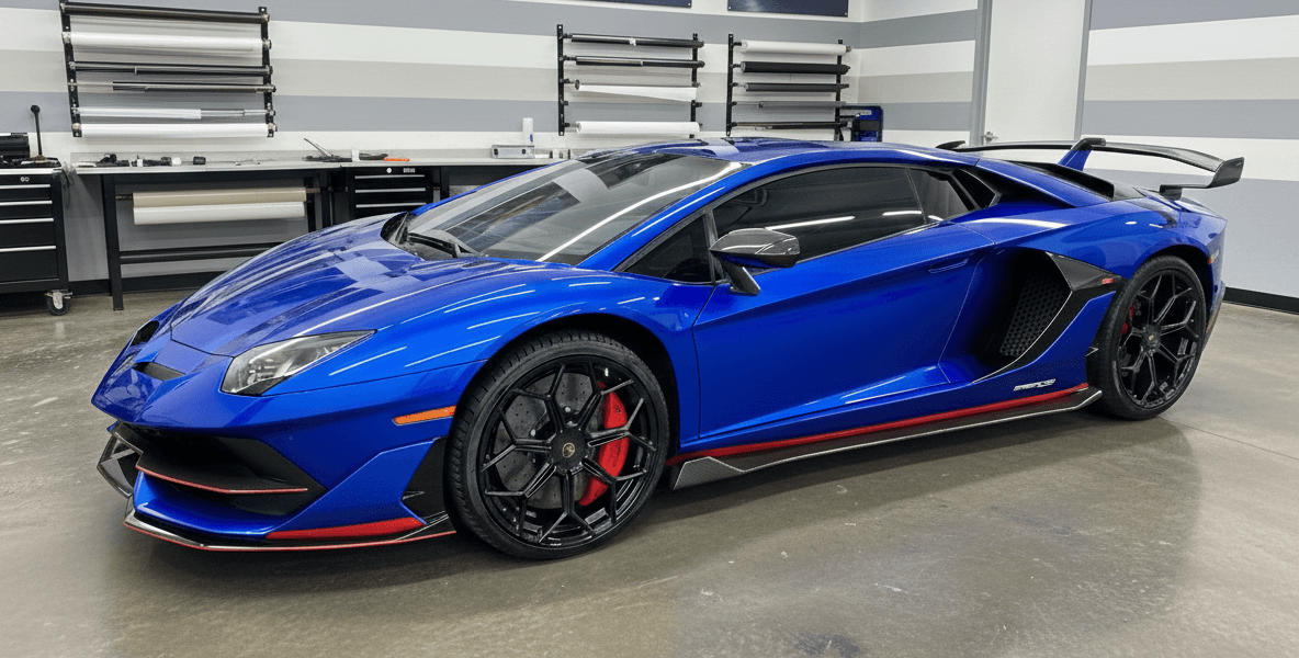 Bespoke IR Nano Ceramic window tint on a blue Lamborghini Bellevue WA