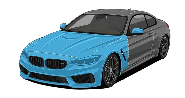 Full front paint protection film coverage diagram showing complete hood, bumper, fenders, mirrors, and headlights protected