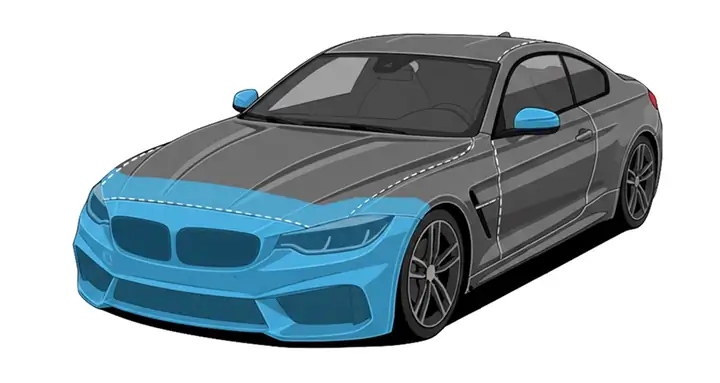 Partial front paint protection film coverage diagram showing bumper, partial hood, and mirrors protected on luxury vehicle